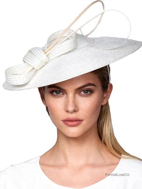 Wide Brim Straw Derby Hat with Feather Fascinator, Adjustable Headband,